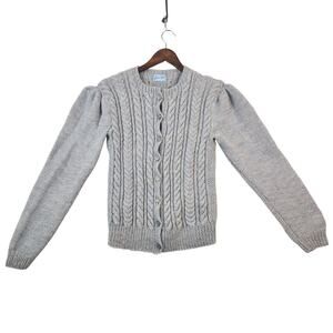 Hand Knit Gray Wool Cardigan Puff Sleeves Cable Knit Women’s SZ LG GUC
